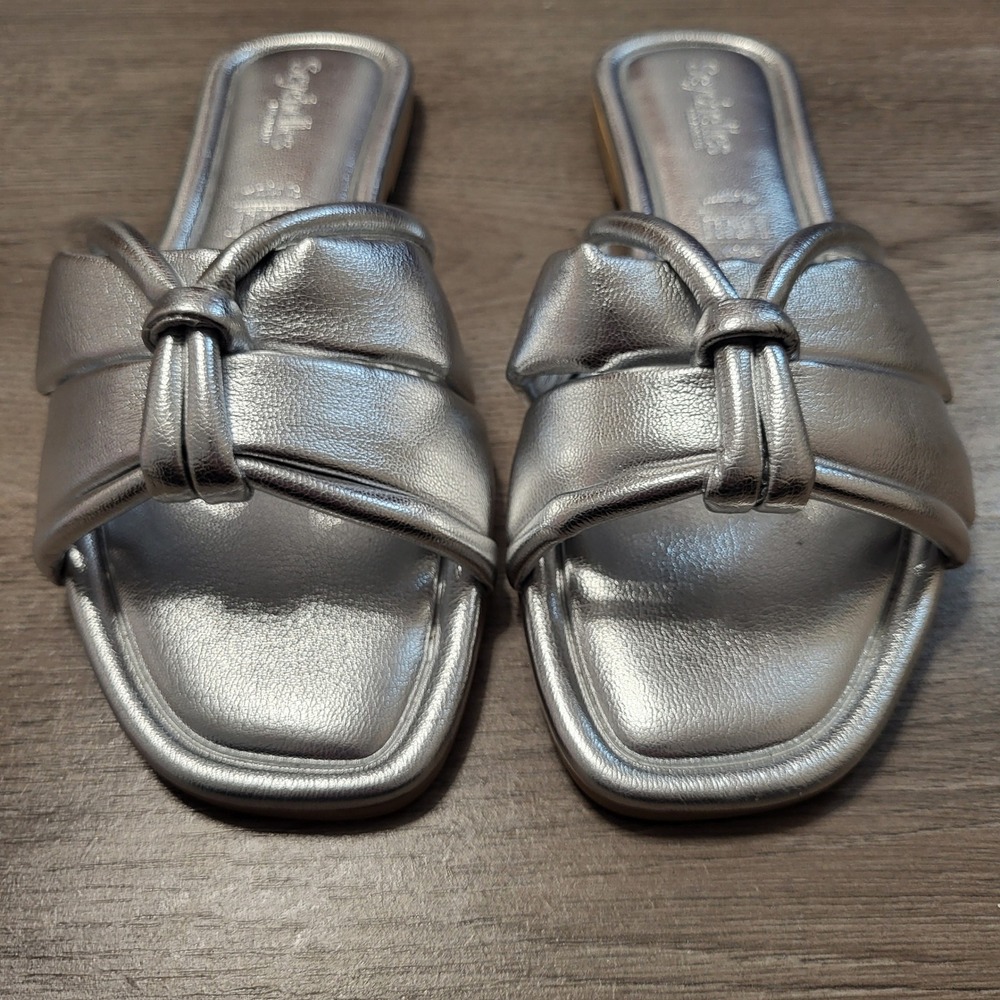 Seychelles Silver Metallic Knotted Slide Sandals Flat Women size 7 Summer Glam - Picture 7 of 11